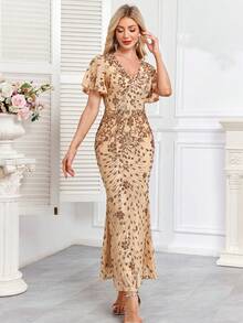 hezixi Elegant Sequin Sexy Short Sleeve Flare Sleeve Evening Dress, Women's Long Mermaid Formal Ball Gown Luxury Wedding Party Cocktail Dress - Champagne - View 7