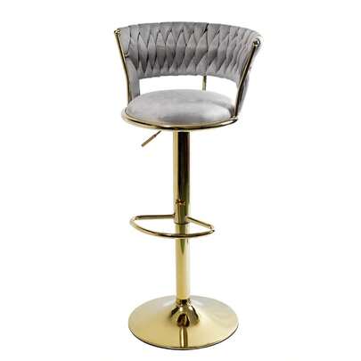 Taburete de Bar Giratorio con Respaldo de Terciopelo GRIS y Reposapies Dorado, Altura Ajustable 65-80 cm