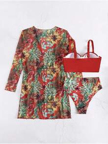 Women's Bikini Swimsuit Set + Kimono Beach Cover-Up - 紅色 - 查看 3