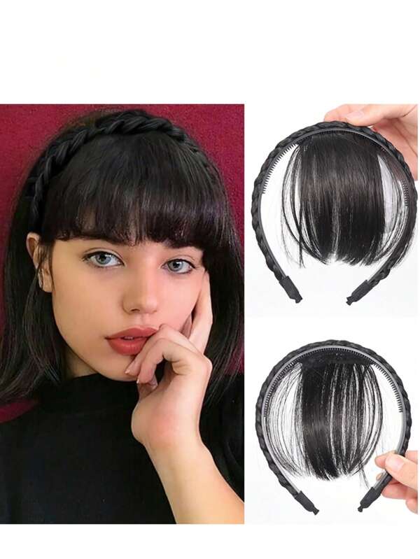 Fascia per capelli con frangia di parrucca, nera o marrone, in materiale sintetico, extensions per capelli con molletta a fronte dritta, un pezzo per donne
