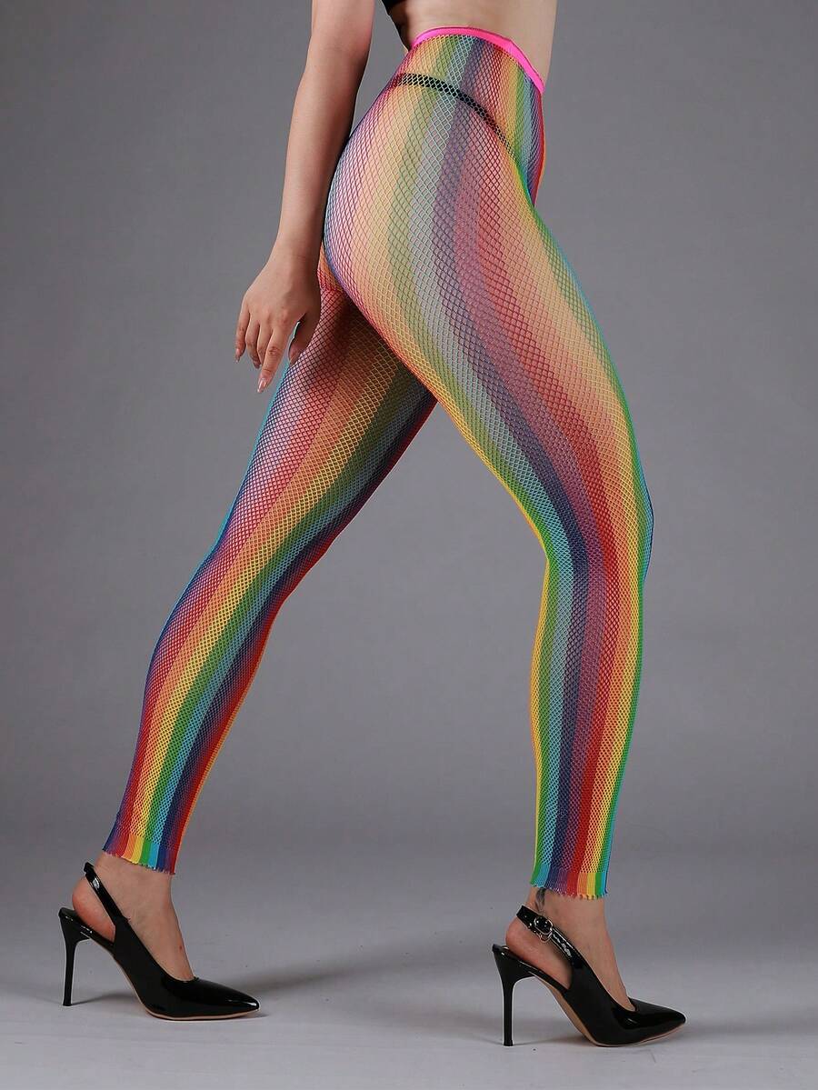 1 件性感彩虹条纹渔网镂空网眼紧身裤，紧身款 7/8 长度紧身裤，Y2K 风格，百搭 - 彩色 - 查看 1