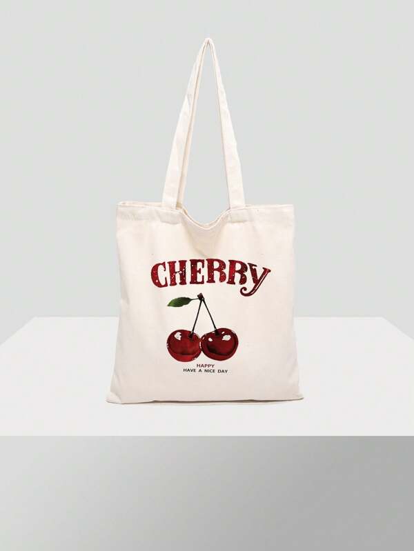 1pc Cherry Pattern Casual Simple Shoulder Tote Bag, Handbag Shoulder Bag, Minimalist Bohemian Style Tote Bag, Women Gift, Suitable For Work, Travel, Shopping, School Bag, Large Capacity, Portable, Suitable For Teenage Girls, Female College Students, White-Collar Workers, Perfect For Work, Back To School, Middle School, High School, College, Vacation
