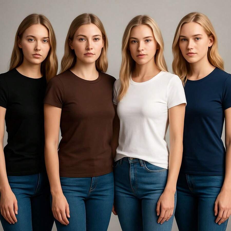 Kit 4 Basic Plain Women's T-Shirts Baby Look 100% Premium Cotton - NEGRO+MARRÓN+BLANCO+AZUL - Ver 1