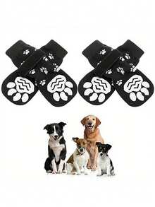 4 件防滑狗袜，柔软可调节宠物爪子保护套，狗鞋，宠物鞋，狗猫袜，防滑室内外双面宠物爪子保护套，适用于小型、中型和大型犬，黑色，透气狗爪套户外配件 - 黑色 - 查看 4