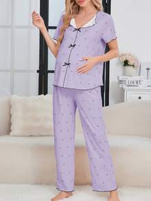 Maternity Sleepwear Set, Minimalist V-Neck With Cute Cherry Print And Bow Accent Maternity Loungewear Set - Mauve Purple - View 3
