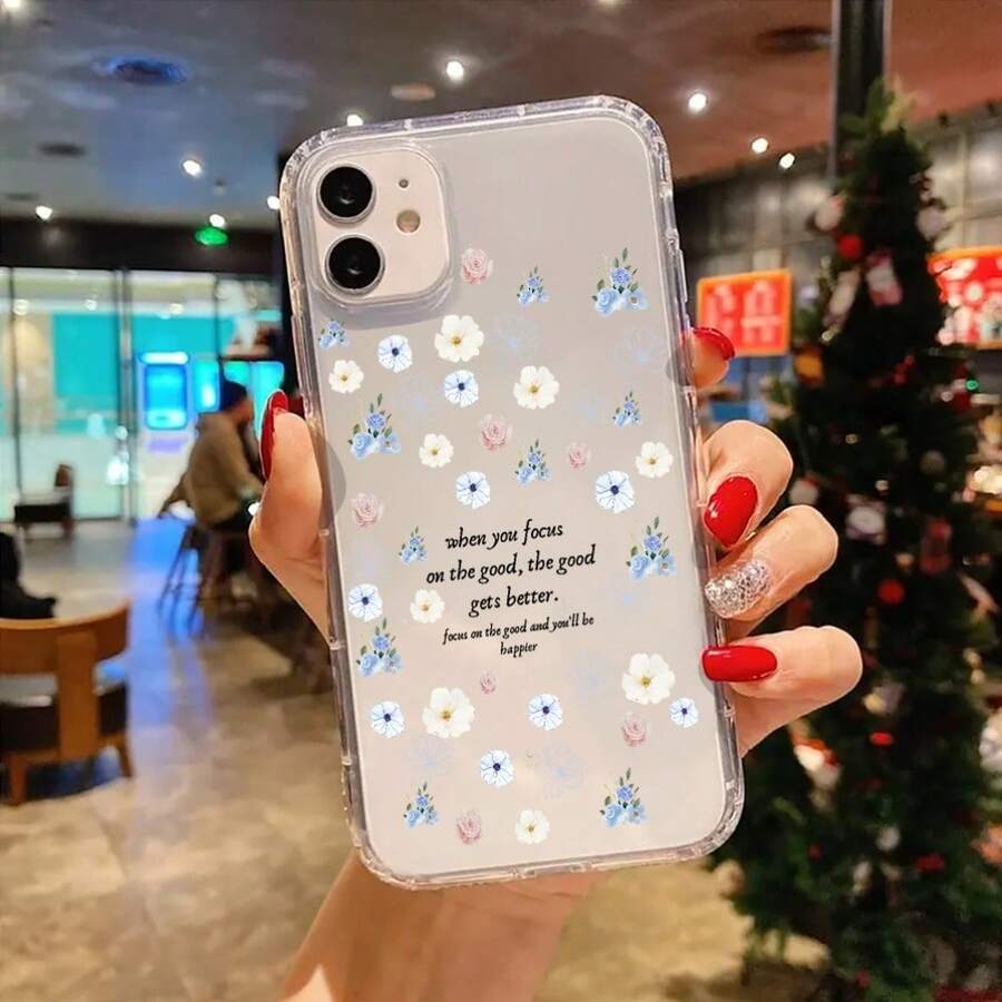 Funda para phone 16 Pro, 11 y 12. Diseño floral con frase inspiradora. Transparente, estilo otoñal. Compatible con phone 16 Pro, 11, 12, 13, 14 y 15 Pro Plus. Funda transparente. Diseño bonito para novia. - Blanco - Ver 1