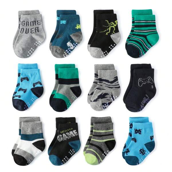 12 Pairs Boys' Mid-Calf Socks, Polyester, Anti-Slip Dots, Breathable & Comfortable
