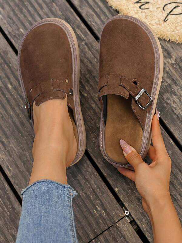 Sandalias de suela gruesa de color marrón oscuro con puntera cerrada para adolescentes, diapositivas de moda casual para vacaciones al aire libre