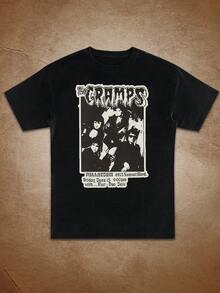 Camiseta gráfica vintage de la banda de rock Gramps para hombres y mujeres - blanca de manga corta con cuello redondo, top casual con estampado retro negro y gris, lavable a máquina, ropa de calle diaria, camisetas vintage - Negro - Ver 2