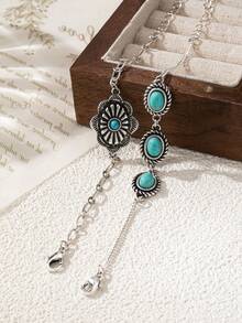 2pcs Western Style Turquoise Bracelets Set, Suitable For Daily Wear - Multicolor - View 4