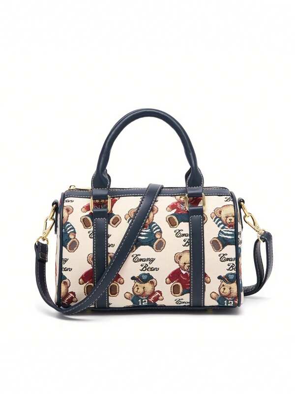 ELAINE BEAR 1pc Cartoon Bear Pattern Jacquard Fabric Metallic Zipper Women's Handbag - Adjustable Shoulder Strap + Handle, Casual College Style Boston Bag/Cylinder Bag/Shoulder Bag/Crossbody Bag