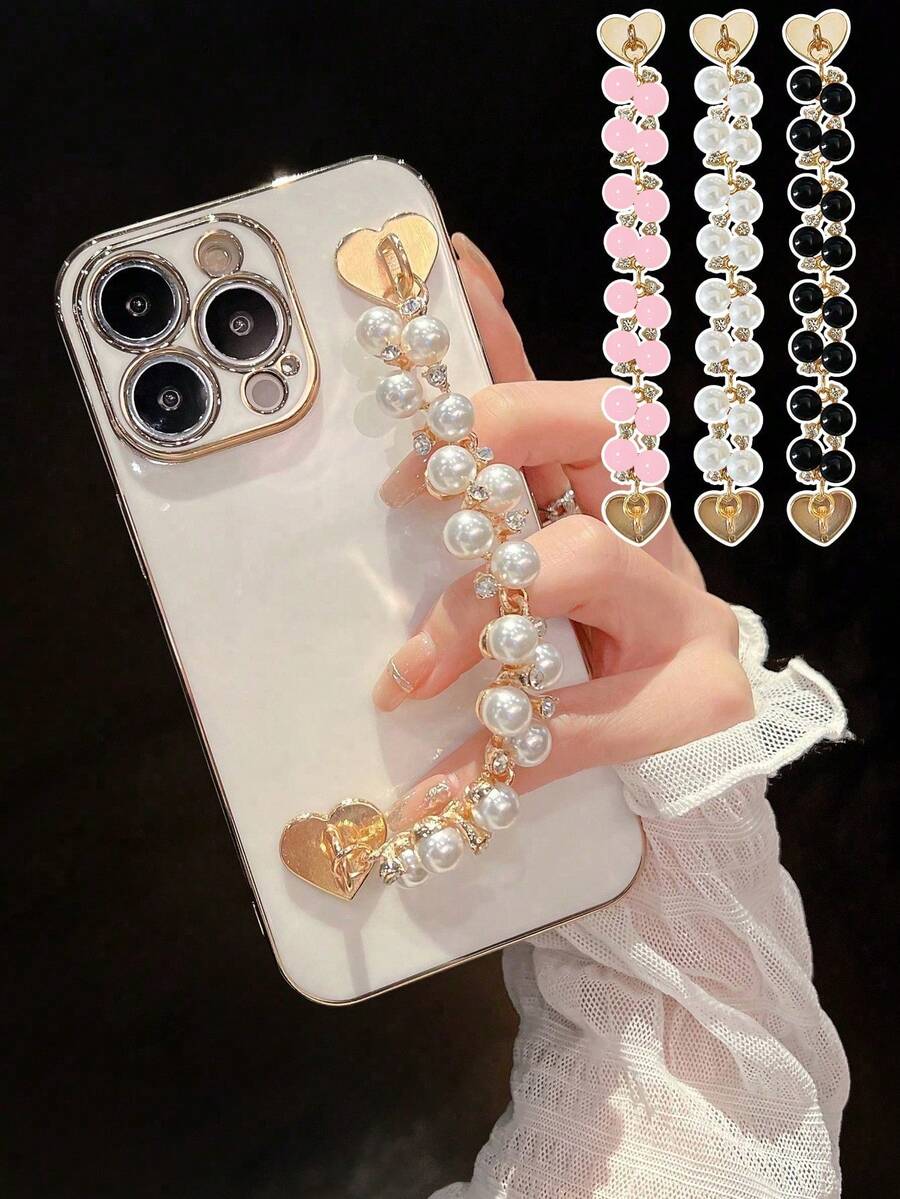 全新珍珠链，手机壳配件，爱心纽扣珍珠链手机壳首饰