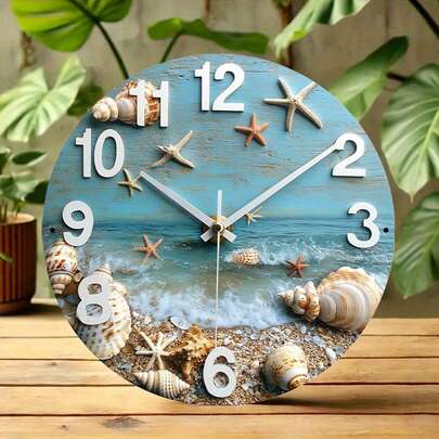 1pc 2D Printed Nautical Beach Theme Iron Wall Clock Decor, Featuring Shell, Starfish And Wave Designs - Rustic Light Blue Background, Easy-To-Read White Arabic Numerals, Suitable For Indoor Home Or Garden, Beach Decoration (Not A Functional Clock)