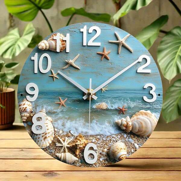 1pc 2D Printed Nautical Beach Theme Iron Wall Clock Decor, Featuring Shell, Starfish And Wave Designs - Rustic Light Blue Background, Easy-To-Read White Arabic Numerals, Suitable For Indoor Home Or Garden, Beach Decoration (Not A Functional Clock)