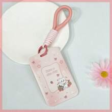 INS 风格 ABS 滑盖英文草莓猫卡夹，学生证件夹，校园卡夹，钱包，防丢失保护套，男女通用，适用于学校用品，返校 - 彩色 - 查看 2