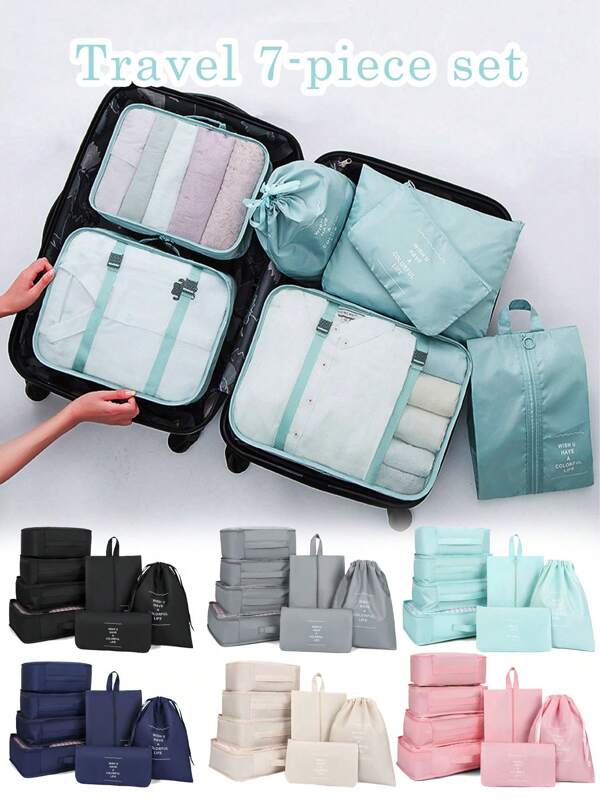 7pcs/Set Multi-Functional Storage Bags, Including Clothes Organizer Bags, Cosmetic Bags, Garment Bags, Zipper Bags, Handbags, Mesh Bags, Shoe Bags, Bottle Bags, Drawstring Bags, Universal Bags, Lingerie Bags, Luggage Organizer Bags, Jewelry Bags, Makeup Bags, Space-Saving, Portable Large Capacity Suitcase Packing Cubes For Travel, Back To School Season, Essential Organizers