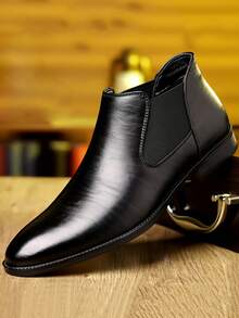 1 Pair Men's Pull-On Round Toe Mid-Calf Chelsea Boots, PU Upper, Rubber Outsole, Durable Business Casual, Autumn/Winter (Run Large) - Black - View 2