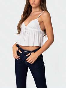 Womens V-Neck Babydoll Tank Top Summer Front Tie Crop Tops Solid Color Slim Camisole Spaghetti Strap Cami Tops Casaul Open Back Blouse For Streetwear Going Out Outfit - 白色 - 查看 2