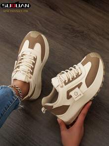 Women's Thick Sole Sneakers, 2025 New Spring & Autumn Lightweight Thick Sole Shoes, Suitable For Spring & Autumn Sports Style, Women's Lace-Up White Shoes - Beige - View 3