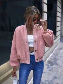 معطف فرو تيدي من قطع ملونة بوردي فاتح بأكتاف منسدلة