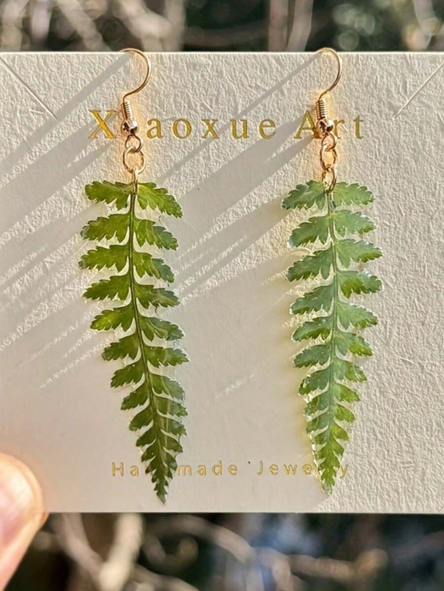 Plant Green Leaf Earrings, Hand-Pressed Plant Leaf Earrings, Dry Leaf Resin Earrings, Women'S Handmade Jewelry, Birthday Gifts For Her - màu xanh lá - Xem 1