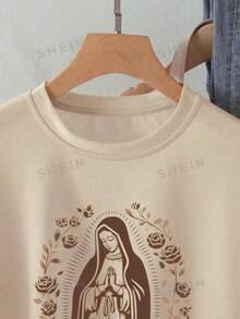 Round Neck T-Shirt With Print Of The Virgin Mary Catholic Religious - Màu Khaki - Xem 3
