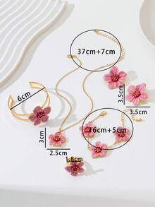 1 Set Handmade Gradient Tie Dye Pink 5-Petal Flower Pendant Necklace, 1 Pair Earrings, 1 Bracelet, 1 Bangle, Jewelry Sets For Women - Pink - View 5