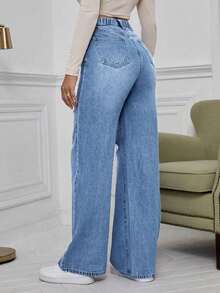 青少年宽松做旧洗水牛仔裤，女士时尚阔腿牛仔裤 - 中等水洗藍 - 查看 2