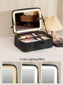 1pc 600mAh Black Travel Makeup Bag With Mirror, Large Capacity Cosmetic Storage Box, Portable Travel Makeup Bag With LED Light, Makeup Mirror, Lighting, LED Light, Night Light, Illumination, Travel Organizer Accessory, Makeup Case, Large Capacity Cosmetic Organizer Box, Makeup Box, Can Store Lipstick, Brushes, Skincare, Phone, Coins, Small Items, Suitable For Home, Gift, Vacation, Holidays (Halloween, Christmas), Bohemian Style