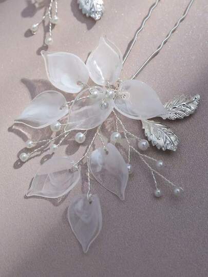 2个女士白色花朵银叶仿珍珠发夹，适合日常佩戴、婚礼和情人节配饰