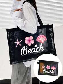 1pc/2pcs Set Breathable Beach Mesh Tote Bag, Beach Vacation Patchwork Design, Ocean, Starfish, Pearl Print & Letter Pattern, Large Capacity Mesh Tote Bag, Multifunctional Large Capacity Polyester Mesh Shoulder Tote Bag And Cosmetic Bag Set - Beach Vacation Storage & Shopping - Suitable For Teenage Girls And Women - Black - View 3
