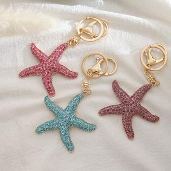 Rhinestone Ocean Starfish Car Key Chain Metal Keyring Bag Charm Keychain, Creative Cross-Border Gift, Zinc Alloy Jewelry, Summer Car Accessories Cute Goth Y2k Bag Accessories Lanyards With Id Holder Car Accessories Bag Charms