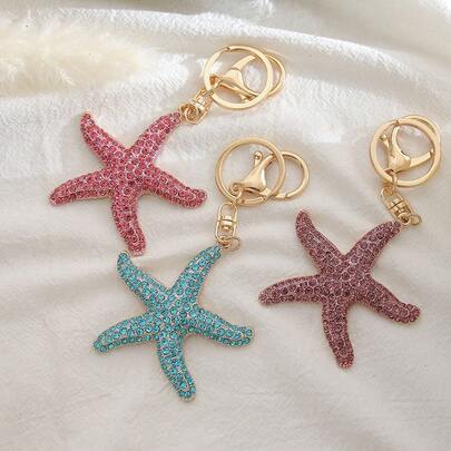 Rhinestone Ocean Starfish Car Key Chain Metal Keyring Bag Charm Keychain, Creative Cross-Border Gift, Zinc Alloy Jewelry, Summer Car Accessories Cute Goth Y2k Bag Accessories Lanyards With Id Holder Car Accessories Bag Charms