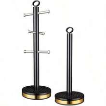 Empire Stainless Steel Mug Tree & Towel Holder Set - Anti-Slip Brass Accented Stand For Kitchen Counter (Black & Gold) Organiser Racks