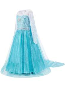 9 件套蓝色花卉网眼长袖女童连衣裙假发配饰服装套装，儿童角色扮演服装，适合万圣节、圣诞节、派对、舞台表演