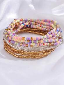 11pcs Minimalist Bohemian Style Handmade Beaded Crystal Glass Bead Multi-Layer Mixed Color Bracelet Set