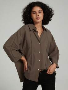 Se-Hore 时尚休闲V领亚麻混纺长袖衬衫女复古美式风格舒适休闲适合日常通勤