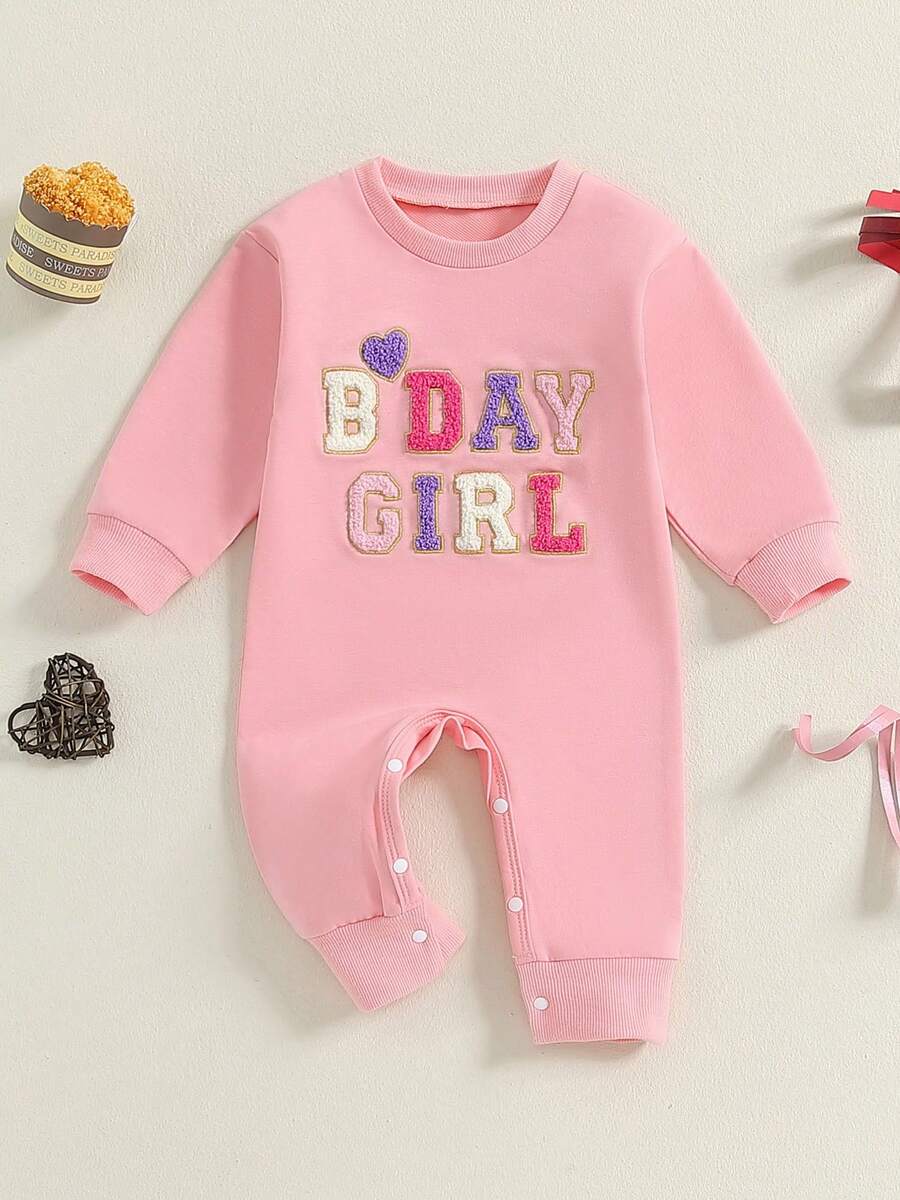 1st Birthday Outfit Baby Boy Girl Jumpsuit Cute Embroidery Long Sleeve Romper Bodysuit One Year Old Birthday Clothes - 粉色 - 查看 1