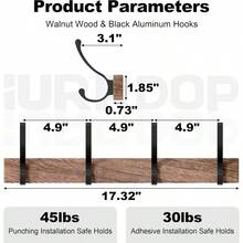 SDFGSDF 17 Inch Walnut Wood Wall Mounted Coat Rack With 4 Black Hooks, Adhesive Mounted Entryway Hooks, Modern Natural Wooden Pegs For Hanging Coat Clothes Hat Bag Purse Key And Towel - Coat Rack with 4 Double Hooks - 查看 2