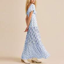 Women Ruffled A-Line Dress Casual Summer Floral Print Sweetheart V-Neck Puff Sleeve Party Dress For Cocktail Streetwear - Blue - View 4