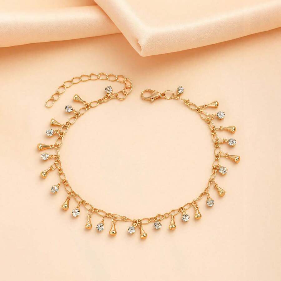 Bohemian Beach Style Handmade Anklet, Simple And Light Luxury Tassel Water Drop Diamond Anklet - Silver - View 1