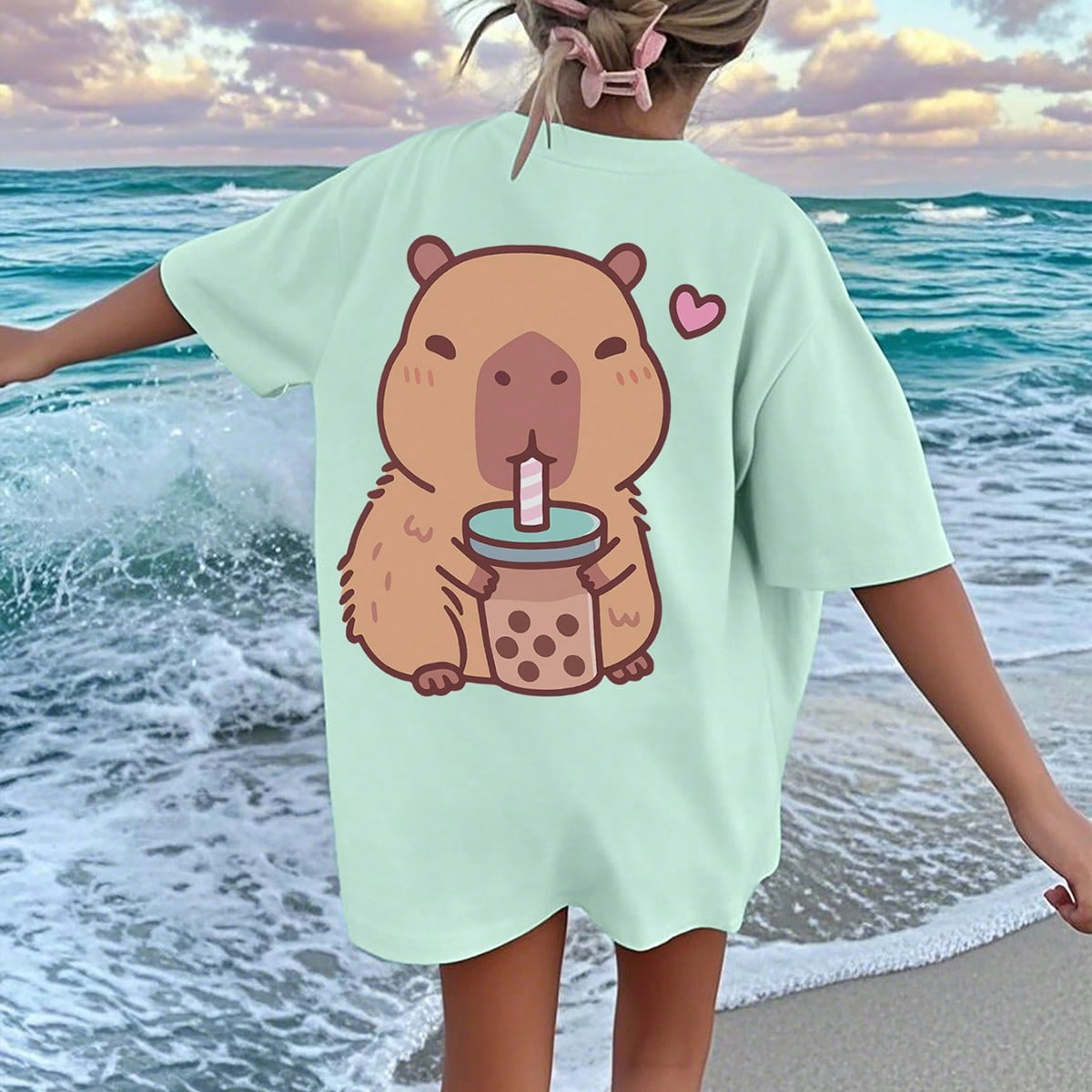 Camiseta de manga corta con cuello redondo y estampado verde menta informal para niñas preadolescentes, top de verano