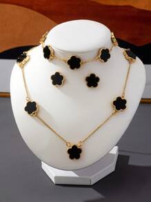1 Juego de joyería elegante y versátil con collar, aretes y pulsera con diseño de flor de 5 pétalos