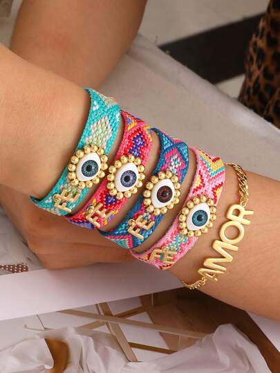 1 pieza Pulsera elegante estilo bohemio con cuentas, borla con ojo y letras "FE, AMOR", ajustable, adecuada para mujeres, hermanas, parejas, uso diario, fiestas, vacaciones, Navidad