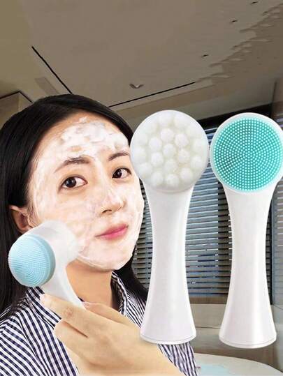 1pc Facial Cleansing Brush, Silicone Double-Sided Cleansing Brush, Manual Lather Massage Face Wash Brush With Soft Bristles, 3D Upright Silicone Cleaning Brush, 2-In-1 Manual Double-Sided Cleaning Brush, Suitable For Sensitive, Delicate And Dry Skin, Soft Hair And Silicone Cleaning Beauty Brush, Waterproof Deep Cleansing Brush For Deep Pore Cleansing, Exfoliating, Blackhead Removal And Massage