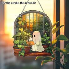 1pc 2D Flat Acrylic Halloween Ornament Cute Ghost Plant Acrylic Decoration, Cute Boo With Plant Enthusiasts Window Hanging Decoration Halloween Ghost Decoration Garden Gift, Halloween Gift For Friends And Family Home Decor Halloween Decor Room Decor