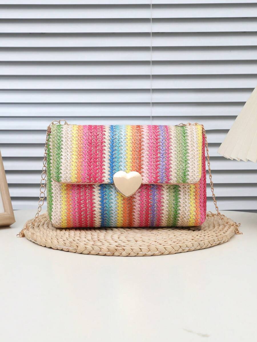 1pc Rainbow Striped Shoulder Bag, Summer Beach Bag, Outdoor Shoulder Bag, Chain Strap Square Woven Crossbody Bag, Colorful Bag, Casual Beach Bag For Women, Large Capacity