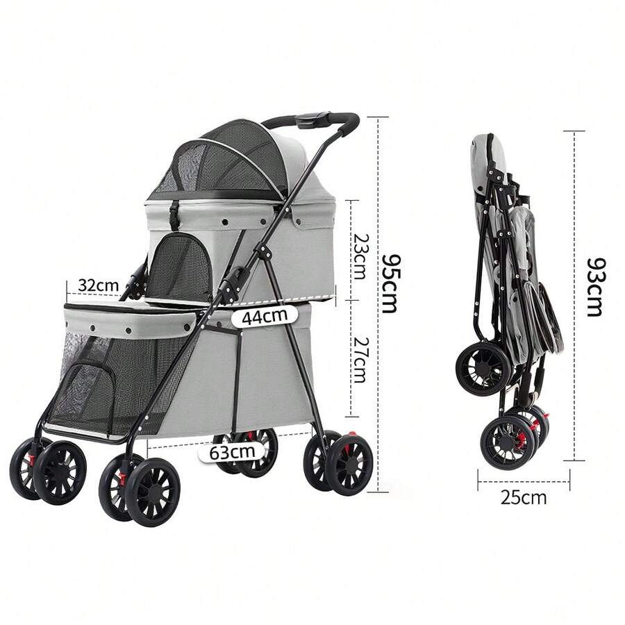Cochecito de dos capas para perros y gatos, plegable 3 en 1 para 2 mascotas, carrito doble para dos mascotas, carrito plegable de cuatro ruedas para perros y gatos, carrito para perros, cochecito para correr, 67 x 50 x 95 cm - Gris - Ver 1