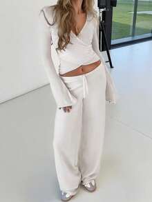 Conjunto de 2 piezas para mujer con bolsillos, en unicolor, estilo vintage y elegante con un nudo