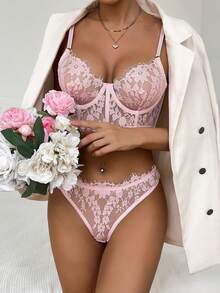 Women Sexy Lingerie Set Two Piece Lace Bra And Panty Set Bralette Sleepwear - Hồng - Xem 3